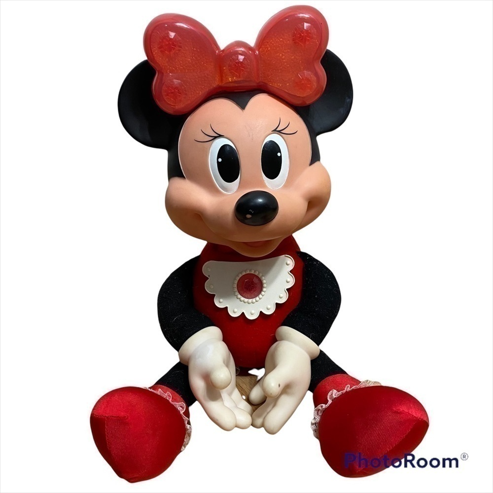 Vintage Minnie Mouse 90s Hard Face Plush Doll Kids Toys Red Black Light Up Bow